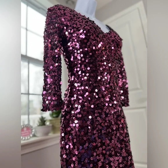 Nwt Scala Plum Pink Sequins Mesh Stretchy Bodycon Dress Size 4 - Picture 9 of 17
